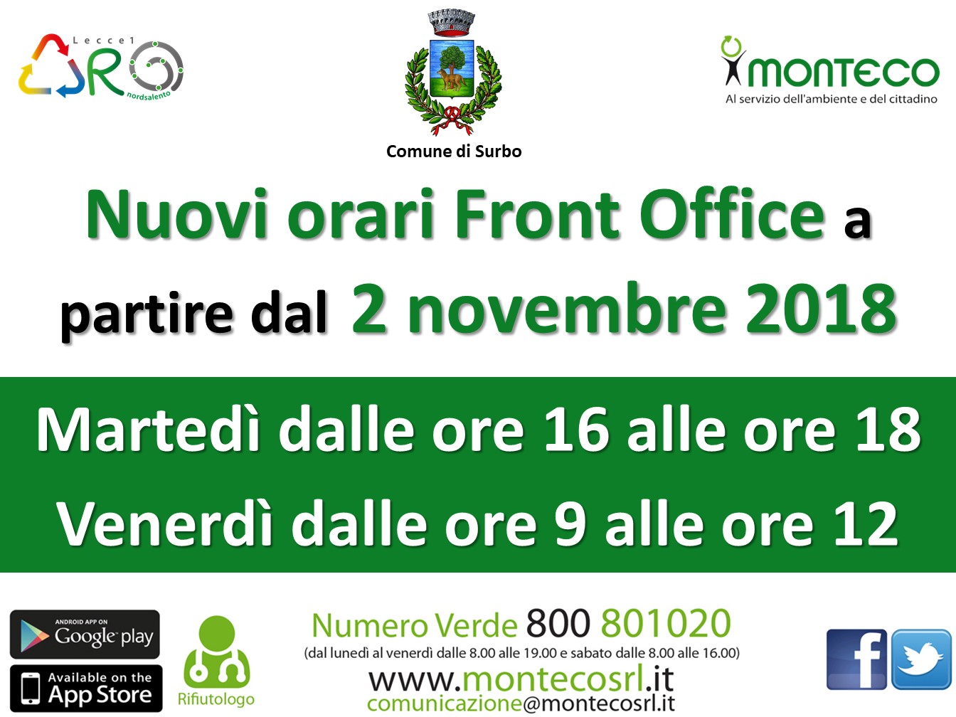 Surbo - Nuovi orari Front Office a partire dal 2 novembre 2018
